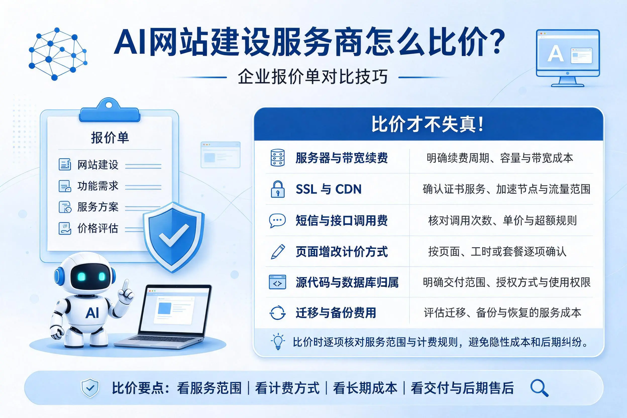 AI网站建设服务商怎么比价？阿里企业报价单对比技巧